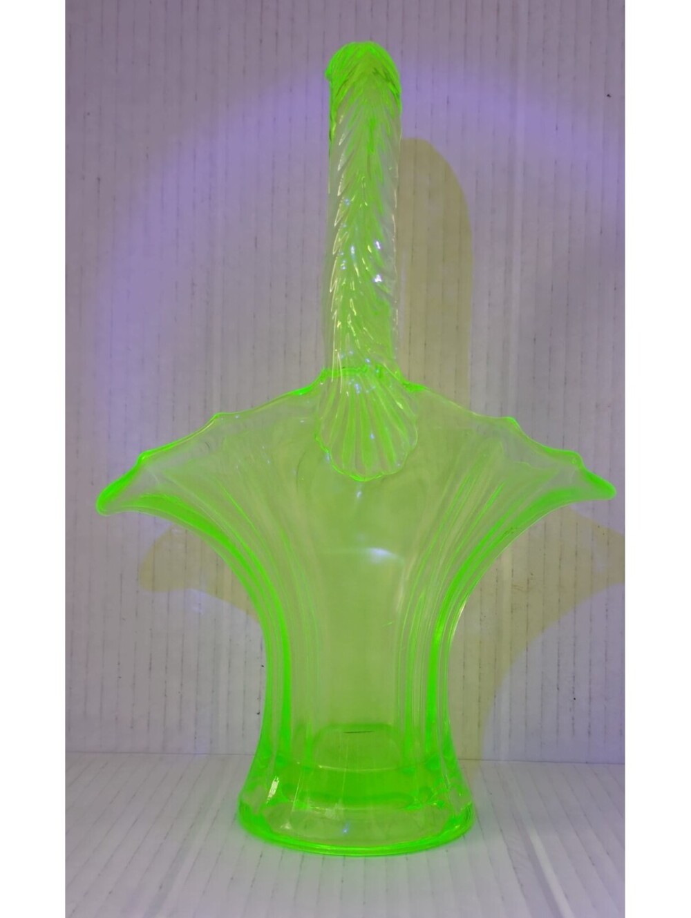 Vintage Fenton? Green Uranium Glass Basket Very Good.